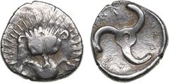 Ancient coins Dynasts of Lycia (Limyra?) AR 1/3 Stater ND – Perikles (c. 380-360 BC) 2.85g. 16mm. AU/UNC.Obv.: Facing lion's scalp. Rev.: Triskeles; dynast's name (in Lycian) around. SNG von Aulock 42