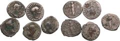 Lots & Collections: Ancient coins Roman Empire, Group of Denarii (5) – from Vespasian to Marcus Aurelius Coins in mixed conditions. Sold as is; no returns. Lot includes: Vespasian (rev. Pax seated); H
