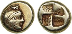 Ancient coins Ancient coins Mysia (Cyzicus) Electrum Hecte ND (c. 500-450 BC) 2.62g. 10mm. XF-/XF. Obv.: Head of Attis right, wearing Phrygian cap; below, tunny right (off flan). Rev.: Quadripartite i
