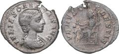 Ancient coins Roman Empire AR Denarius - Julia Soaemias (mother of Elagabalus)(218-220 AD) 2.50 g. 20mm. XF-/VF+ IVLIA SOAEMIAS AVG, Bust right/ VENVS CAELESTIS, Venus seated to left, holding apple an