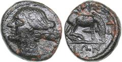 Ancient coins Thessaly, Larissa - Æ Hemichalkon (Late 4th-early 3rd centuries BC) 2.06 g. 12mm. VF/VF Head of the nymph Larissa left / Horse standing right, preparing to lie down. HGC 4, 536.