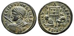 Roman Imperial Coins CRISPUS (Caesar, 316-326). Follis. Siscia. Obv : IVL CRISPVS NOB CAES. Laureate and cuirassed bust left, holding spear and shield. Rev : VIRTVS EXERCIT / S - F / HL / Γ SIS. Vexil