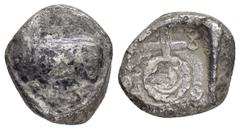 Greek Coins CYPRUS. Salamis. Uncertain king (Circa 5th century BC). Stater. Obv : Recumbent ram left; Cypriot legend above and below. Rev : Ankh; Cypriot legend around; all within incuse square. BMC 2
