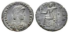 Roman Imperial Coins VALENTINIAN II.(375-392).Nicomedia.Follis. Obv : D N VALENTINIA-NVS IVN P F AVG. Bust of Valentinian II, pearl-diademed, draped and cuirassed, right. Rev : VRBS-ROMA. Roma, seated
