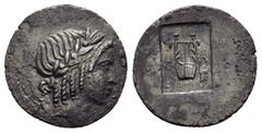 Greek Coins LYCIA. Lycian League. Masicytes.(Circa 27-20 BC).Hemidrachm. Obv : Λ - V. Laureate head of Apollo right. Rev : M - A. Lyre; tripod to right; all within incuse square. RPC I online 3310; Tr