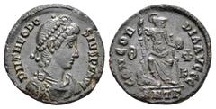 Roman Imperial Coins THEODOSIUS I.(379-395). Antioch.Follis. Obv : D N VALENTINIANVS P F AVG. Rev : CONCOR-DIA AVGGG Θ/(Φ on K)//ANTΓ. Roma, helmeted, head left, seated facing, on throne, holding glob