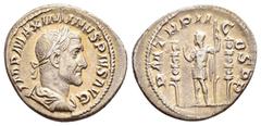 Roman Imperial Coins MAXIMINUS THRAX (235-238).Rome.Denarius. Obv : IMP MAXIMINVS PIVS AVG. Laureate, draped and cuirassed bust right. Rev : P M TR P II COS P P. Emperor standing left with spear, flan