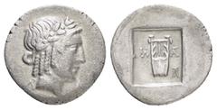 Greek Coins LYCIA. Lycian League. Masicytes.(Circa 27-20 BC).Hemidrachm. Obv : Λ - V. Laureate head of Apollo right. Rev : M - A. Cithara (lyre) tripod to right; all within incuse square. RPC I online