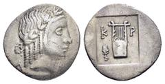 Greek Coins LYCIA. Lycian League.Kragos .(Late 30s-27 BC).Hemidrachm. Obv : Head of Apollo to right, wearing taenia; Λ-Y flanking. Rev : Kithara; K-P across fields, grain ear to lower left; all within