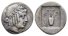 Greek Coins LYCIA. Lycian League.Cragus (Circa 30-27 BC). Hemidrachm. Obv : Λ - Y. Laureate head of Apollo left. Rev : K - P. Lyre; grain ear to left; all within incuse square. RPC I 3305; Troxell 106