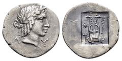 Greek Coins LYCIA. Lycian League.Kragos. (48-42 BC). Hemidrachm. Obv : Λ - Y. Laureate head of Apollo right. Rev : K - P. Lyre; grain ear to right; all within incuse square. RPC I 3312a; Troxell 143.1