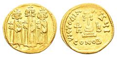 Byzantine Coins HERACLIUS with HERACLIUS CONSTANTINE and HERACLONAS.(610-641).Constantinople.Solidus. Obv : Heraclius, Heraclius Constantine and Heraclonas standing facing, each holding globus crucige