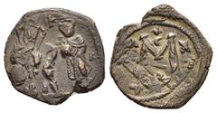Byzantine Coins HERACLIUS and HERACLIUS CONSTANTINE.(613-641).Constantinople.Follis. Obv : Heraclius, bearded, on left, and Heraclius Constantine, on right, standing facing, both crowned and cuirassed