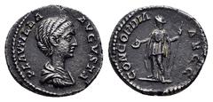 Roman Imperial Coins PLAUTILLA (Augusta, 202-205).Rome.Denarius. Obv : PLAVTILLA AVGVSTA. Draped bust right. Rev : CONCORDIA AVGG. Concordia standing left, holding patera and sceptre. RIC 363a (Caraca