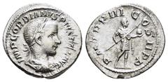 Roman Imperial Coins GORDIAN III (238-244).Rome. Denarius. Obv : IMP GORDIANVS PIVS FEL AVG. Laureate, draped and cuirassed bust right. Rev : P M TR P III COS II P P. Emperor standing right, holding s