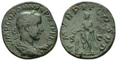 Roman Imperial Coins GORDIAN III (238-244). Rome.Sestertius. Obv : IMP CAES M ANT GORDIANVS AVG. Laureate, draped and cuirassed bust right. Rev : P M TR P II COS P P / S - C. Emperor standing left, sa