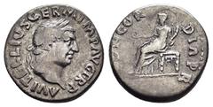 Roman Imperial Coins VITELLIUS.(69).Rome.Denarius. Obv : A VITELLIVS GERMANICVS IMP. Bare head right. Rev : CONCORDIA PR. Concordia seated left on throne, holding patera and cornucopia. RIC II 66. Con