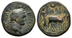 Roman Provincial Coins PISIDIA.Antioch.Titus.( 69-79).Ae. Obv : TITO IMP CAESARI AVGVSTI F COS V. Laureate head right. Rev : ANT COL. Priest holding vexillum and plowing with yoke of oxen right; cresc