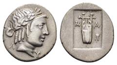 Greek Coins LYCIA. Lycian League. Masicytes.(Circa 27-20 BC).Hemidrachm. Obv : Λ - V. Laureate head of Apollo right. Rev : M - A. Lyre; tripod to right; all within incuse square. RPC I online 3310; Tr