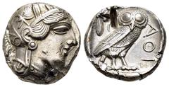 GREEK COINS ATTICA. Athens.(Circa 454-404 BC).Tetradrachm. Obv : Helmeted head of Athena right. Rev : AΘE. Owl standing right, head facing; olive sprig and crescent to left; all within incuse square. 