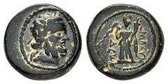 GREEK COINS LYDIA.Blaundos.(2nd Century BC).Ae. Obv : Laureate head of Asklepios to right. Rev : MΛAYN-ΔЄѠN. Hygieia standing facing, holding cornucopiae and touching rearing serpent. GRPC Lydia 39; B