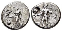GREEK COINS PAMPHYLIA.Side.(Circa 380-360 BC).Stater. Obv : Athena standing left, supporting shield and spear, holding Nike; pomegranate to left. Rev : Apollo standing left by altar, holding patera an