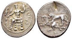 GREEK COINS CILICIA.Tarsos. Mazaios. (Satrap of Cilicia, 361/0-334 BC).Stater. Obv : 𐡁𐡏𐡋𐡕𐡓𐡆 ('b'ltrs' in Aramaic) . Baaltars seated left, holding eagle, grain ear, grapes, and scepter. Rev : 𐡌�