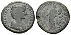 ROMAN PROVINCIALl COINS CARIA. Trapezopolis. Julia Domna.(Augusta, 193-217). Ae. Obv : ΙΟΥΛΙΑ ΔΟΜΝΑ CΕΒΑC. Braped bust right. Rev : ΤΡΑΠΕΖΟΠΟΛΕΙΤΩΝ ΕΠΙ ΑΡ ΑΠΟΛΛΩΝΙΟΥ. Tyche standing left, holding corn