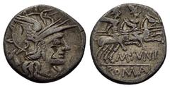 ROMAN REPUBLICAN COINS M. JUNIUS SILANUS.(145 BC).Rome.Denarius. Obv : Helmeted head of Roma right; to left, head of ass left; X (mark of value) to right. Rev : M IVNI / ROMA. The Dioscuri on horses r