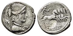 ROMAN REPUBLICAN COINS T. CARISIUS.(46 BC). Rome.Denarius. Obv : S C. Draped and winged bust of Victory right, wearing cruciform earring and pearl necklace, hair collected into a knot, and falling in 