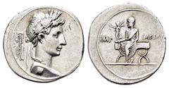 ROMAN IMPERIAL COINS AUGUSTUS.(27 BC-AD 14).Italian Mint (Rome?).Denarius. Obv : Laureate bust of Octavian as Jupiter Terminus right, thunderbolt behind. Rev : IMP - CAESAR. Octavian seated left on cu