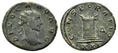 ROMAN IMPERIAL COINS DIVUS CARUS.(Died AD 283).Antioch.Antoninianus. Obv : DIVO CARO AVG. Radiate head right. Rev : CONSECRATIO / Δ//XXI. Altar. RIC 127. Condition : This coin has a dark green and bro