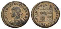 ROMAN IMPERIAL COINS CONSTANTINE II.(Caesar, 316-337).Siscia.Follis. Obv : FL IVL CONSTANTIVS NOB C. Bust of Constantius II, laureate, draped, cuirassed, left. Rev : PROVIDEN-TIAE CAESS. Camp gate wit