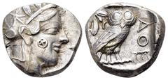 GREEK COINS ATTICA. Athens.(Circa 454-404 BC).Tetradrachm. Obv : Helmeted head of Athena right. Rev : AΘE. Owl standing right, head facing; olive sprig and crescent to left; all within incuse square. 