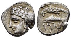 GREEK COINS PAPHLAGONIA. Sinope. (Circa 350-330 BC).Drachm. Obv : Head of nymph left, hair in sakkos. Rev : Sea-eagle standing left, with wings spread, on dolphin left; Aramaic legend (BGPDN) below. H