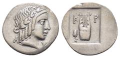 GREEK COINS LYCIAN LEAGUE. Kragos.(48-42 BC).Hemidrachm. Obv : Λ - Y. Laureate head of Apollo right. Rev : K - P. Cithara (lyre) in incuse square and symbol in field. RPC I online 3305A. Condition : G