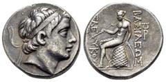 GREEK COINS SELEUKID KINGS of SYRIA.Seleukos III Soter (Keraunos) (226-223 BC).Apamea. Tetradrachm. Obv : Diademed head right. Rev : ΒΑΣΙΛΕΩΣ / ΣΕΛΕΥΚΟΥ. Apollo seated left on omphalos, testing arrow 