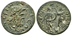 ROMAN PROVINCIAL COINS PISIDIA.Termessos Major. Pseudo-autonomous issue.( circa 200-300).Ae. Obv : TEPMHCCEΩN. Laureate head of Zeus right. Rev : ΤΩΝ ΜΕΙΖΟΝΩΝ. Tyche standing left, holding rudder and 