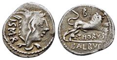 ROMAN REPUBLICAN COINS L. THORIUS BALBUS. Denarius (105 BC). Rome. Obv : I S M R. Head of Juno Sospita right, wearing goat skin. Rev : L THORIVS / BALBVS. Bull charging right; B above. Crawford 316/1.