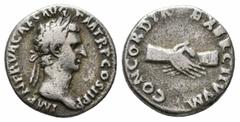 Roman Imperial Coins NERVA.96-98 AD.Rome Mint.AR Denarius Obverse : IMP NERVA CAES AVG P M TR P COS III P P; Head of Nerva, laureate, right Reverse : CONCORDIA EXERCITVVM; Clasped hands Reference : RI