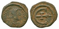 Byzantine Coins JUSTINIAN I.527-565 AD.Constantinople Mint.AE Pentanummium Obverse : Obv: DN IVSTINIANVS PP AVG; legend with diademed, draped and cuirassed bust right Reverse : large E with gamma offi