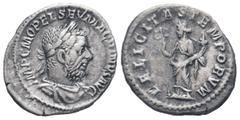 Roman Imperial Coins MACRINUS. 217-218 AD. Rome mint.AR Denarius. IMP C M OPEL SEV MACRINVS AVG, Laureate and draped bust of Macrinus to right / FELICITAS TEMPORVM, Felicitas standing left, holding lo