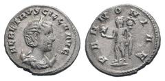 Roman Imperial Coins HERENNIA ETRUSCILLA.249-251 AD.Antioch mint. AR Antoninianus.HER ETRVSCILLA AVG, draped bust on crescent right / PANNONIAE, Pannonia standing left, looking back, holding helmet an
