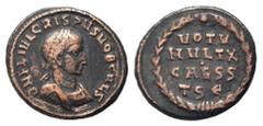 Roman Imperial Coins CRISPUS.316-326 AD.Thessalonica mint.AE Follis.D N FL IVL CRISPVS NOB CAES, Laureate, draped and cuirassed bust right / VOT V MVLT X CAESS TSЄ, in four lines within wreath. RIC VI