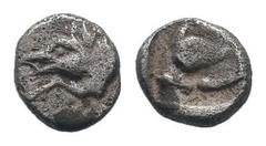 Greek Obols DYNASTS of LYCIA. Uncertain.450-400 BC.AR Obol.Forepart of boar to left / Head and neck of leashed dog left, within incuse square.Unpubleshed.Extremely RARE. Weight : 0.3 gr Diameter : 6 m