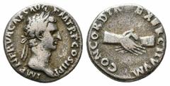 Roman Coins NERVA.96-98 AD.Rome Mint.AR Denarius.IMP NERVA CAES AVG P M TR P COS III P P, head of Nerva, laureate, right / CONCORDIA EXERCITVVM, clasped hands.RIC II 14.Very fine. Weight : 3.2 gr Diam