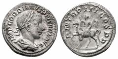 Roman Coins GORDIAN III.238-244 AD.Rome Mint.AR Denarius.IMP GORDIANVS PIVS FEL AVG; bust of Gordian III, laureate, draped, cuirassed, right / P M TR P III COS P P; Gordian III, in military attire, wi