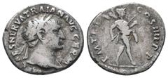 Roman Coins TRAJAN (98-117). Denarius. Rome. Obv : IMP CAES NERVA TRAIAN AVG GERM. Bust of Trajan, laureate, right. Rev : P M TR P COS IIII P P. Mars, helmeted, naked except for cloak round waist, adv