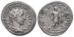 Roman Coins GORDIAN III.238-244 AD. Rome mint.AR Antoninianus.IMP GORDIANVS PIVS FEL AVG, bust of Gordian III, radiate, draped, cuirassed, right / P M TR P III COS II P P, Gordian III, in military att