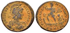 Roman Coins THEODOSIUS I.(379-395).Constantinople.Ae. Obv : D N THEODO-SIVS P F AVG. Bust of Theodosius I, helmeted , draped and cuirassed, right, holding spear and shield in front. Rev : GLORIA RO-MA